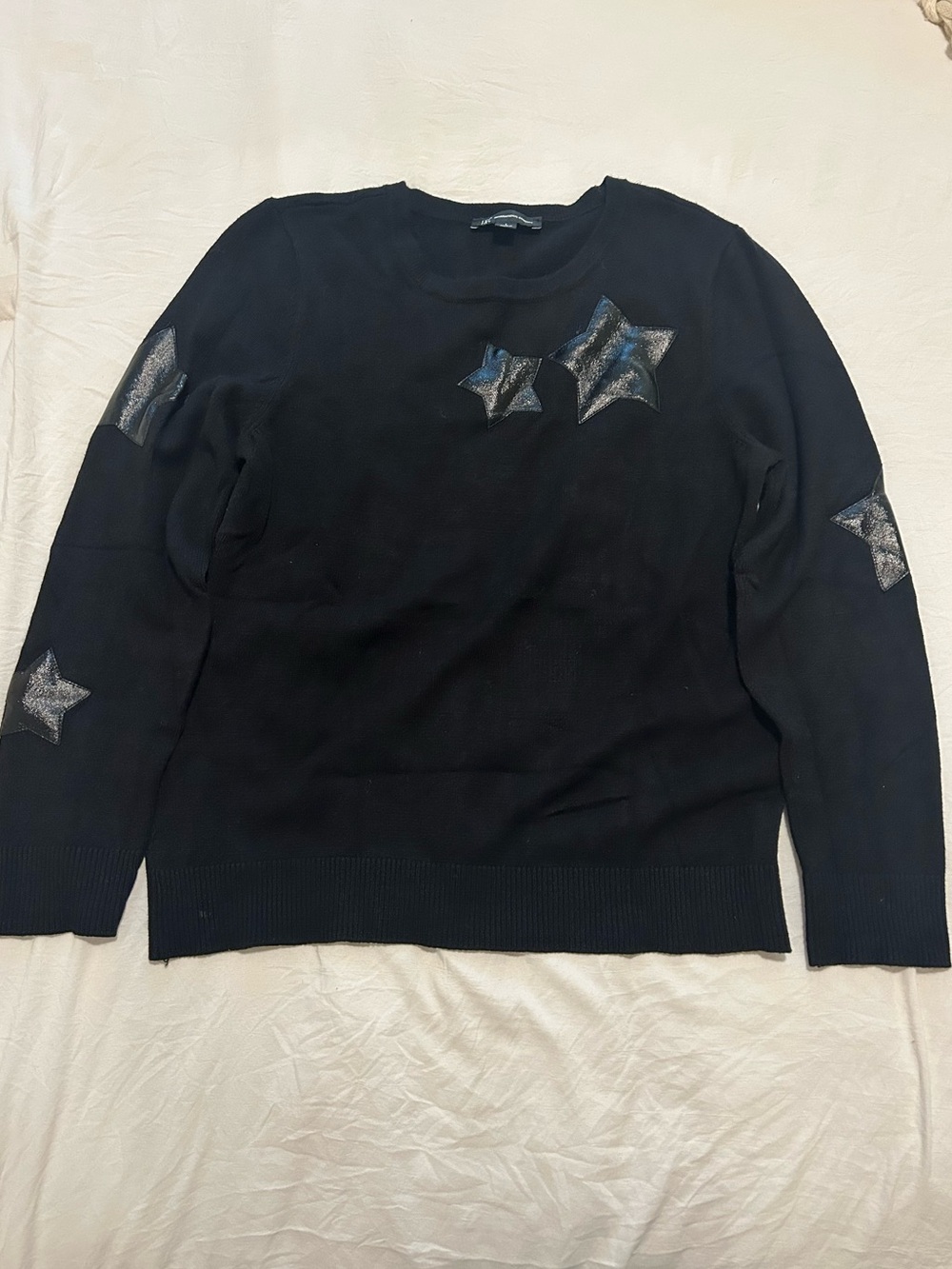 INC International Concepts Black Crewneck Sweater with Black Leather Stars